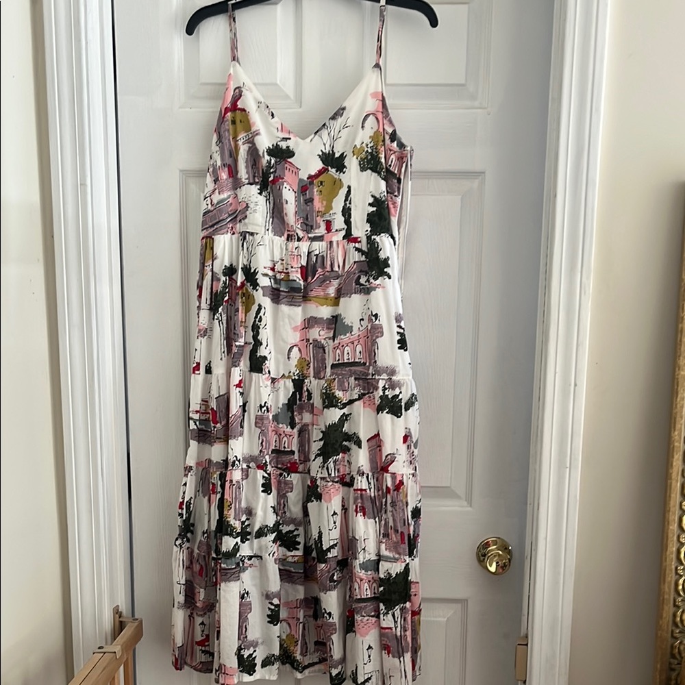Anthropologie Scenic landscape Ivory and pink Printed Tiered Midi Dress